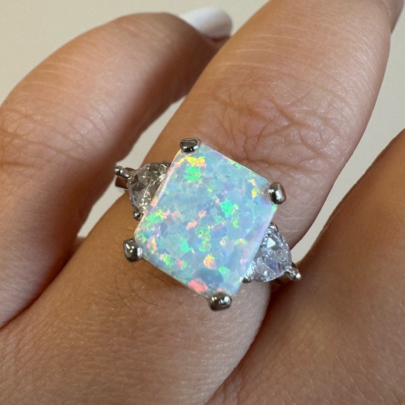 Opal Ring, Radiant Cut Lab Fire Opal Ring with Heart Stones, Sterling Silver - Picture 1 of 11